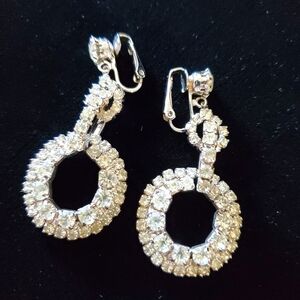 Art Deco Style Rhinestone Doorknocker Drop Earrings 1950's Rhodium Plated